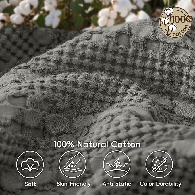 PHF 100% Cotton Waffle Weave Throw Blanket, Lightweight Breathable Summer Blanket for Couch Sofa, Pre-Washed Soft Throws for Bed, Office, Travel & Stylish Home Decor, 50"x60", Dark Grey