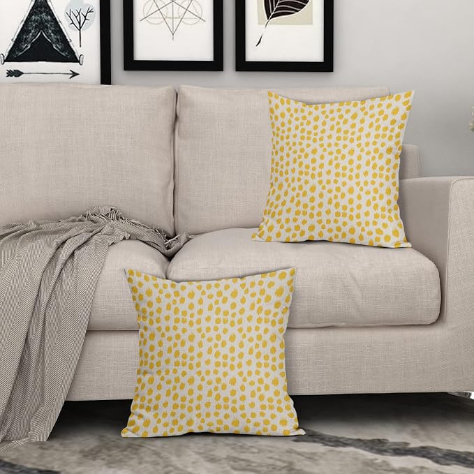 Yellow Cream Pillow Covers 22x22 Set of 2 Boho Design Polka Dot Throw Pillows Modern Brush Strokes Print Decorative Outdoor Pillowcase Square Cushion Cover Linen Pillow Case for Home Sofa Couch Bed