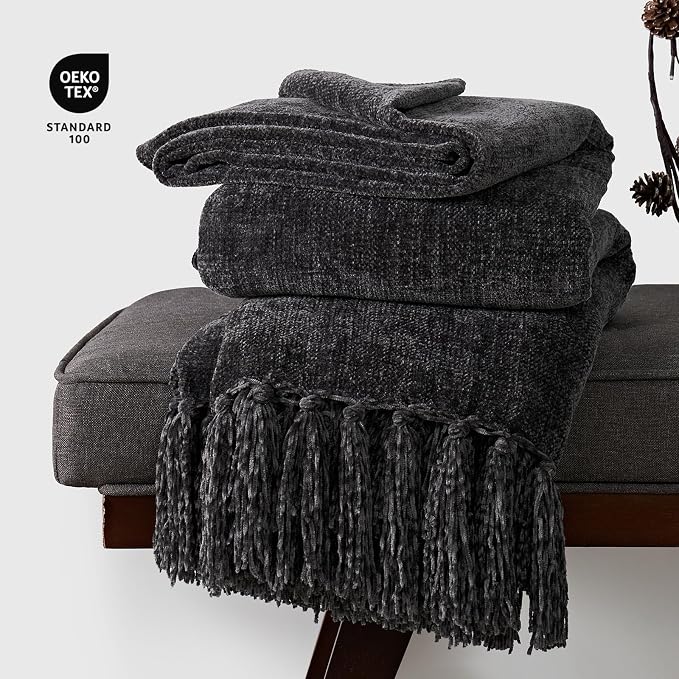 Chenille Knit Throw Blanket for Couch, 50"x60", Iron Black | Cozy Plush Fuzzy Knittd Throw with Tassels, Lightweight, Decorative, Farmhouse Decor, Ideal for Bed Sofa Gift, All Seasons