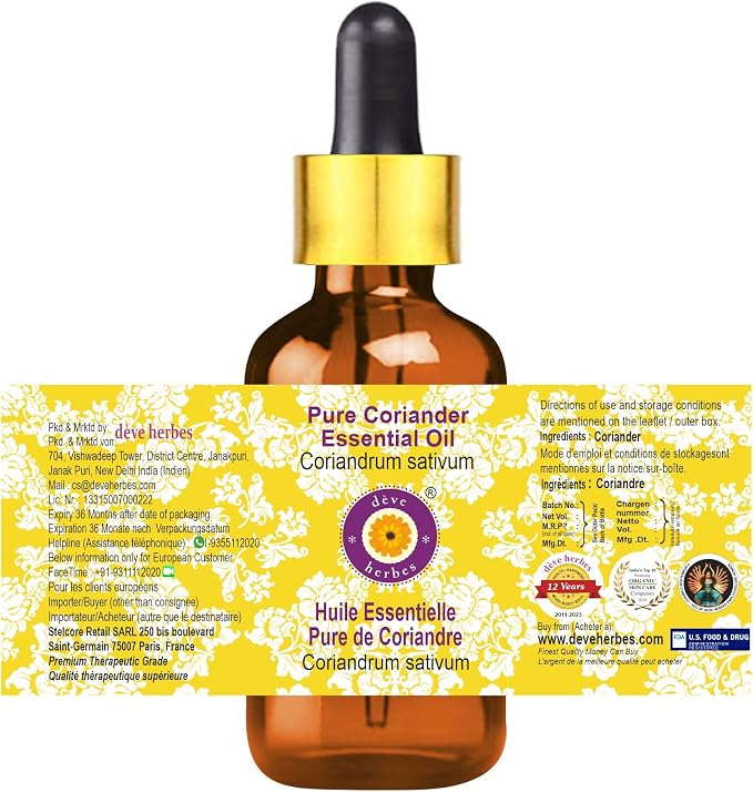 Deve Herbes Pure Coriander Essential Oil (Coriandrum sativum) with Glass Dropper Steam Distilled 50ml (1.69 oz)