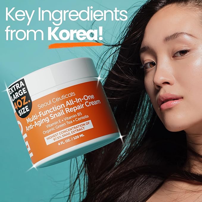 SeoulCeuticals Large 4oz 97.5% Snail Mucin Moisturizer Cream Korean Skin Care Day & Night Snail Repair for Face - K Beauty Anti Aging Facial Skincare (Pack of 2)