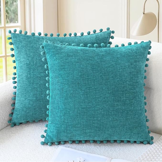 CaliTime Decorative Couch Throw Pillow Covers 18 X 18 Inches Lake Blue | Pack of 2, Cozy Chenille Cushion Cases, with Pom Poms for Sofa Bed Living Room Farmhouse Home