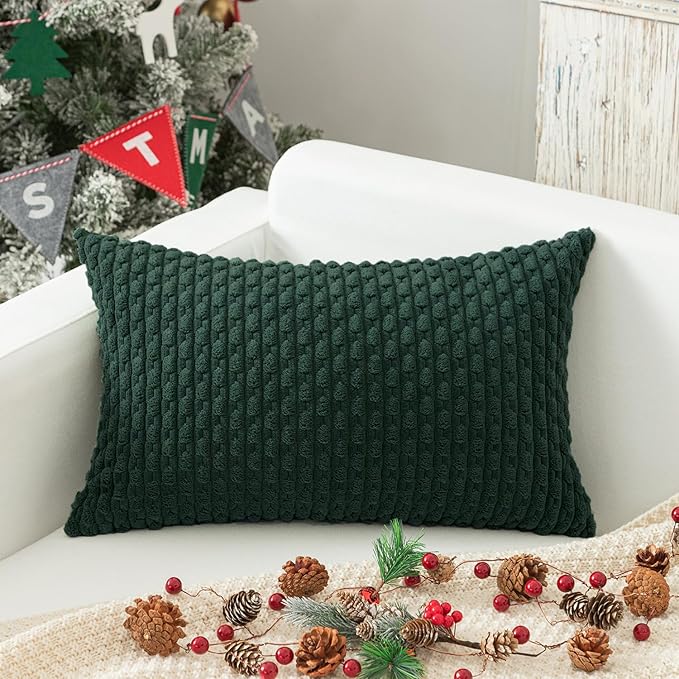Kevin Textile Soft Corduroy 12"x24" Lumbar Pillow Cover 1 Pack, Army Green | Boho Stripe Plush Corduroy Decorative Oblong Cushion Cover Modern Farmhouse Home Decor for Sofa Couch Bed Chair