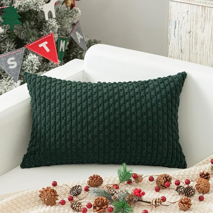 Kevin Textile Soft Corduroy 14"x24" Lumbar Pillow Cover 1 Pack, Army Green | Boho Stripe Plush Corduroy Decorative Oblong Cushion Cover Modern Farmhouse Home Decor for Sofa Couch Bed Chair