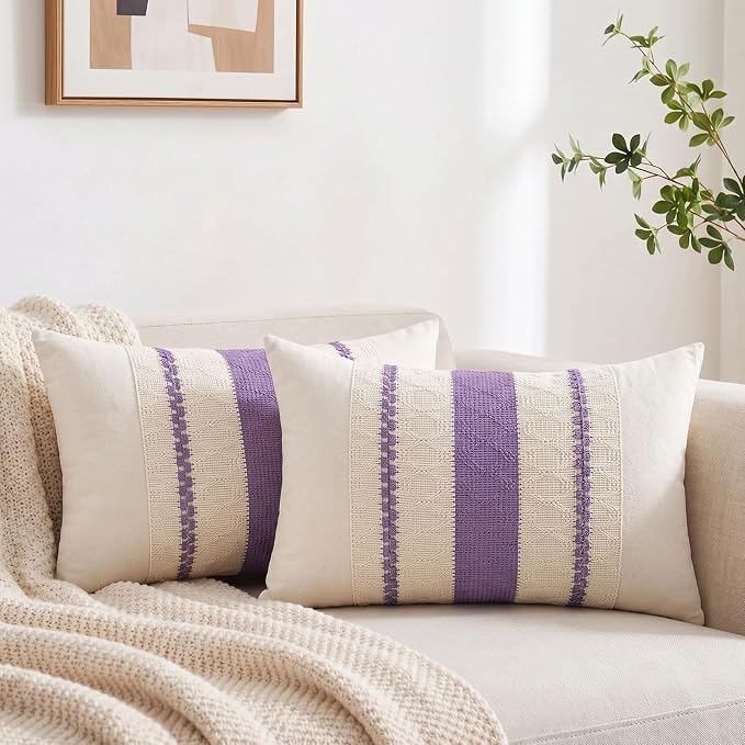 Fancy Homi Set of 2 Boho Lavender Lumbar Decorative Throw Pillow Cover 12x20 Inch for Couch Bed Sofa Chair, Modern Organic Farmhouse Home Decor, Soft Cotton Cute Accent Rectangle Cushion Case