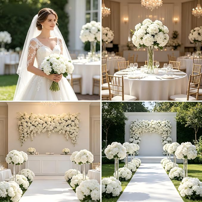 4 Pcs Hydrangea Artificial Flowers Outdoor Silk Bouquets, White UV Resistant Faux Hydrangeas Flowers for Table Vase Centerpieces Outside Party Wedding Porch Patio Planter Home Indoor Outdoor Decor