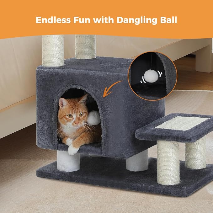 3-in-1 Cat Stairs with Scratching Post & Condo, Pet Steps, Dark Grey | Pet Steps for High Beds, Sofa, Couch, Tall Cat Tower, High-Strength Boards for Indoor Small Cats Kittens Dogs Climbing Play