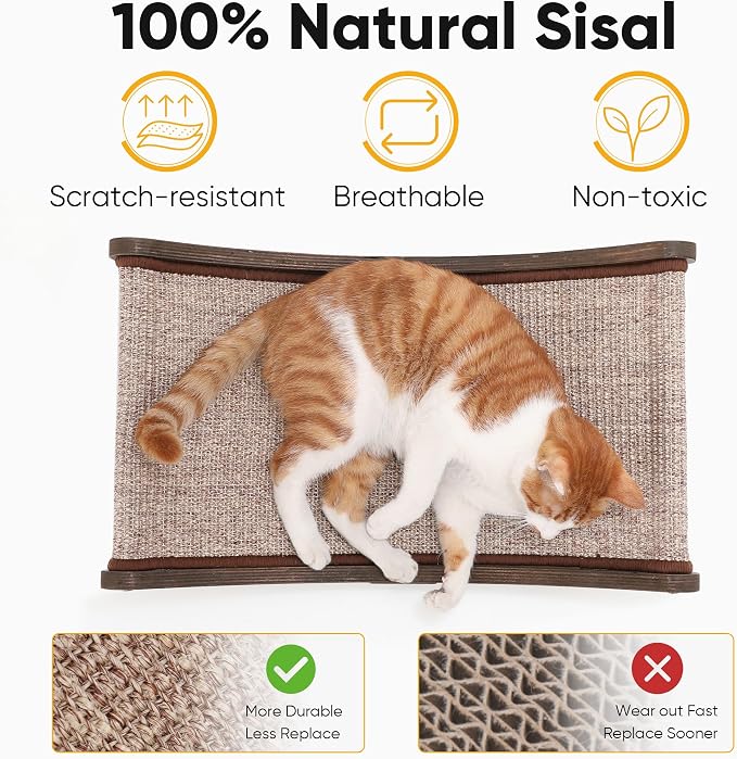 FUKUMARU Sisal Cat Scratcher Bed, Solid Wood Cat Hammock for Indoor Cats | 23.6 Inch Durable Scratching Bed, Large Cat Scratch Pad, Natural Sisal Hammock, Cat Lounger Scratcher for Sleeping (Brown)