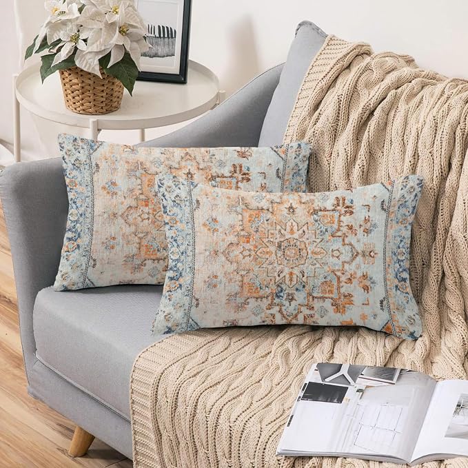 Boho Throw Pillow Covers 12x20 inch Set of 2,Boho Vintage Carpet Pattern Antique Ethnic Decor Double Sided Pattern Cushion Cover Soft Pillow Case Living Sofa Room Bed Square Pillow Cover