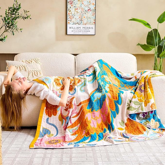 XIBLC Boho Throw Blanket, Lightweight Blankets for Summer, 100% Cotton Bohemian Decorative Throw Blanket, 50"x60" Reversible Muslin Breathable Woven Farmhouse Blankets Quilt,
