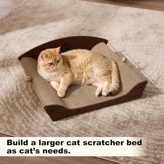 ZOMISIA 2 Pack 26'' Cardboard Cat Scratcher Bed - Large Scratcher Couch for Indoor Cats, Orthopedic Scratching Board, Lounger Scratching Couch with Bells
