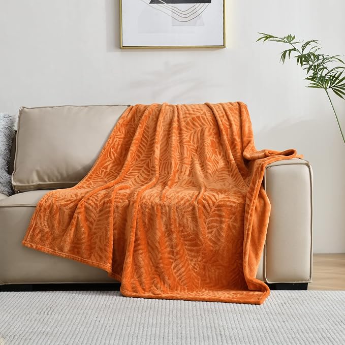 Super Soft Flannel Fleece Fall Throw Blanket, 60 x 80 Inches, Orange | Lightweight Cozy Warm Leaves Textured Plush Blanket for Bed Couch Sofa