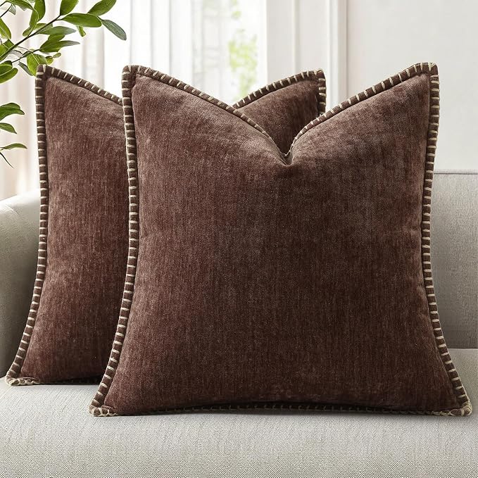 decorUhome Soft Chenille Throw Pillow Covers 22x22 Set of 2 Chocolate | Fall Textured Decorative Throw Pillow Cases Stitched Edge Modern Farmhouse Luxury Boho Velvet for Couch Sofa Bed Home Decor