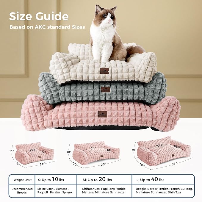 Cat Couch Bed with Fluffy Faux Rabbit Fur for Indoor Cats, 24 Inch | Cute Fuzzy Pet Sofa With Washable Cover For Puppy Kitten, Suppportive Cozy Pets Couch in 3D Diamond Pattern, Pink