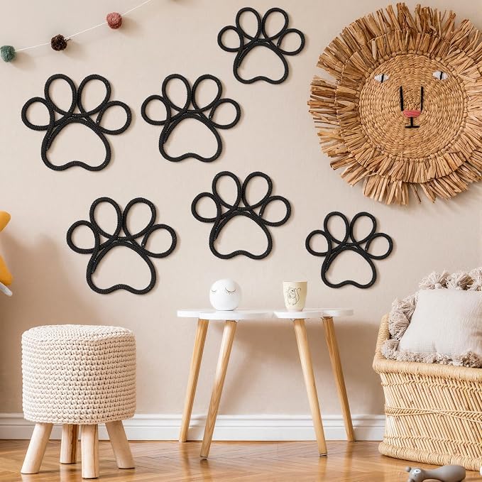 Barydat 6 Pcs Dog Room Decor Black Paw Puppy Woven Wall Hanging 3 Size Pet Wall Decor Nursery Decorations for Home Bathroom Bedroom Kitchen Dorm Art