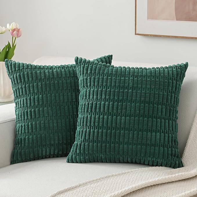 Volcanics Pack of 2 Corduroy Dark Green Throw Pillow Covers 18x18 | Decorative Soft Striped Square Cushion Cases, Modern Farmhouse Boho Home Decor