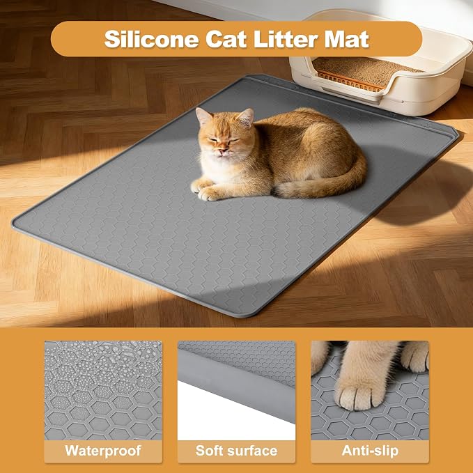 Extra Large Cat Litter Box Mat 34" x 22" – Waterproof Silicone Litter Trapper, Non-Slip, Easy to Clean Floor Protector, Soft on Kitty Paws(Light Grey)