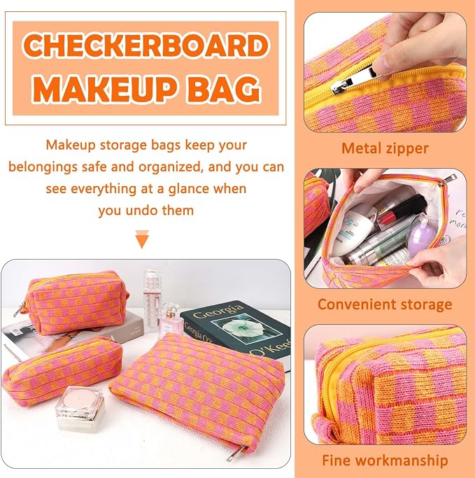 3 Pcs Makeup Bag Checkered Cosmetic Bag Large Capacity Traveling Toiletry Pounch Organizer Cute Makeup Brushes Aesthetic Accessories Storage Bag for Girls Women(Orange-Purple)