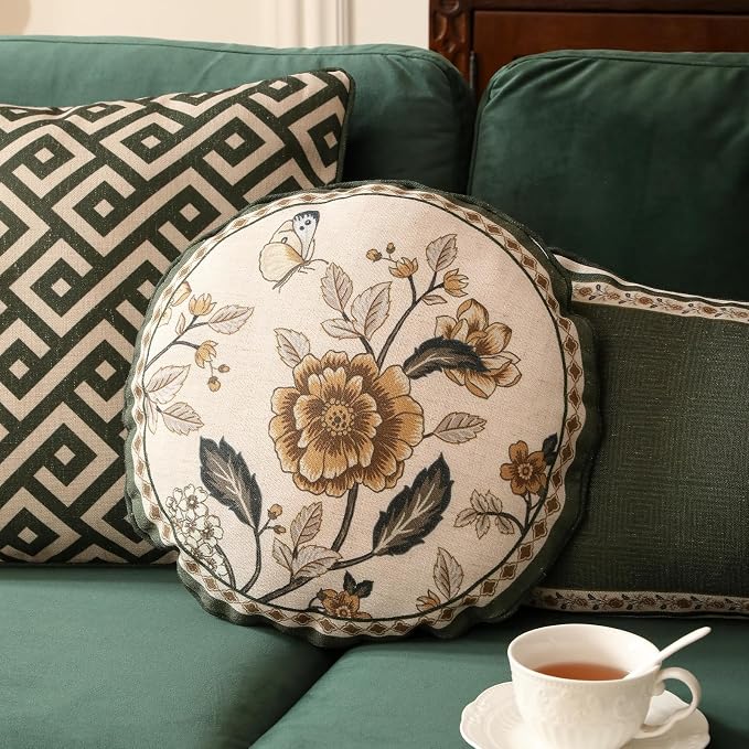 Vintage Linen Throw Pillow Cover,Set of 2,Diameter 16"-Murad D | Designer French Pillow Cover,Concealed Zipper Design,Sofa,Bedroom,Living Room,Lounge Chairs,All Season Home Decor
