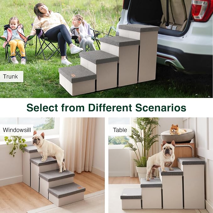 Love's cabin Dog Stairs for High Bed, Foldable Pet Stairs for Small Medium or Large Dogs Puppy with Storage for Bed or Couch, Cat Dog Steps Ramp with Zip up to 200 lbs, Light Grey, 4 Steps