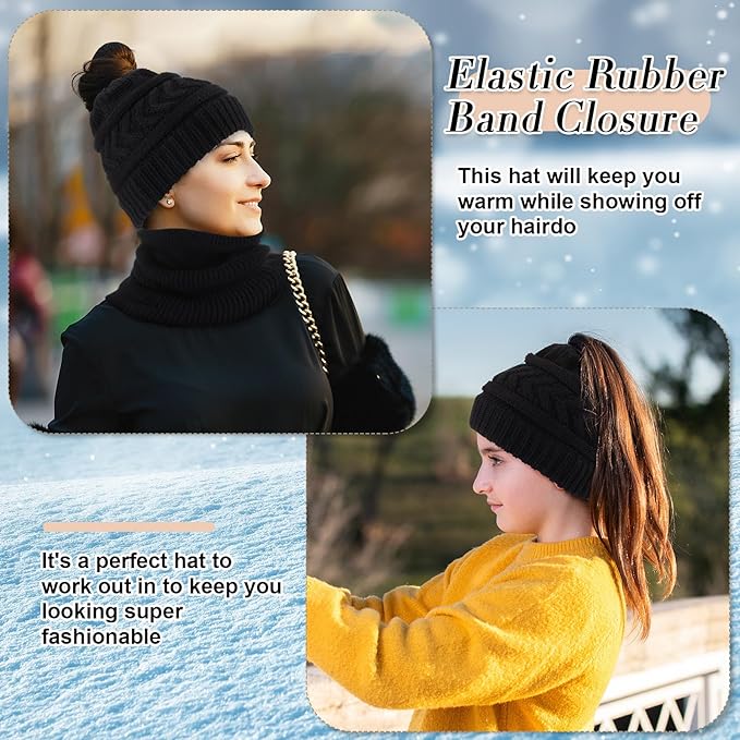 SATINIOR 5 Pcs Winter Hat Scarf Gloves Set Fleece Warm Lined Knit Beanie Hat Touch Screen Earmuff Gloves Warmer for Women(Black,Ponytail Style)
