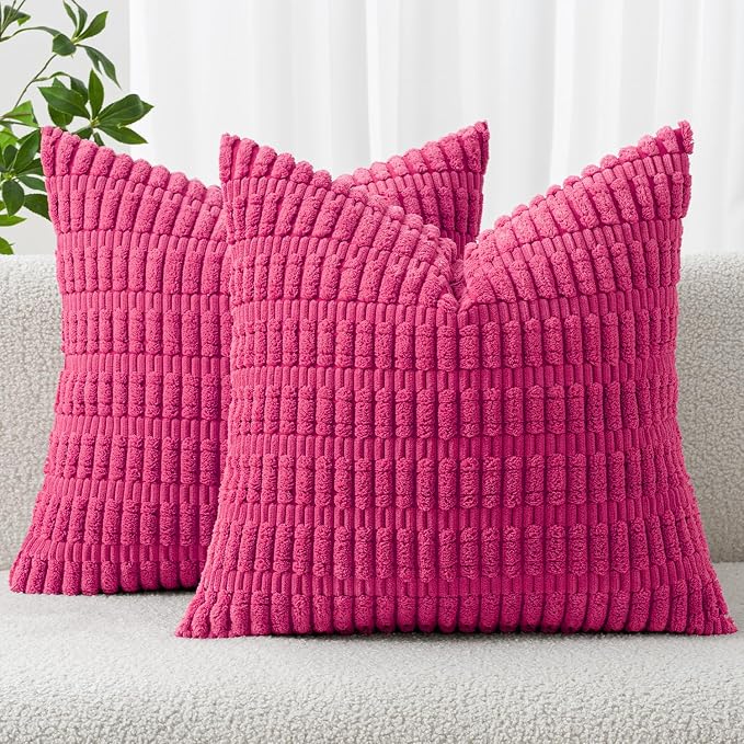 MIULEE Corduroy Decorative Throw Pillow Covers 18x18 Hot Pink Pack of 2 | Soft Boho Striped Pillow Covers Modern Farmhouse Home Decor For Sofa Living Room Couch Bed