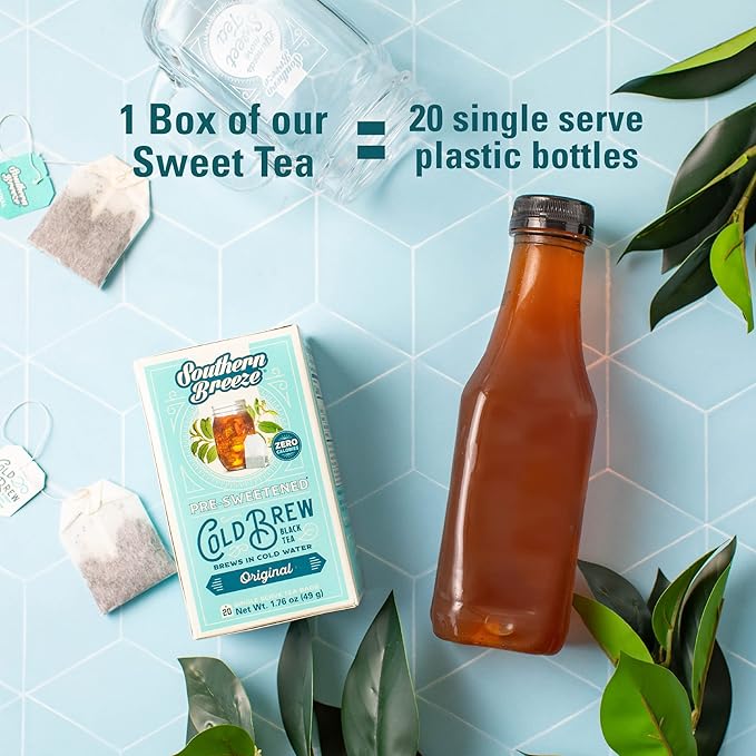 Southern Breeze Cold Brew Sweet Tea Variety Pack Iced Tea with Black Tea and Zero Carbs Zero Sugar, 20 Individually Wrapped Tea Bags, Pack of 4 Original, Raspberry, Peach, and Half & Half