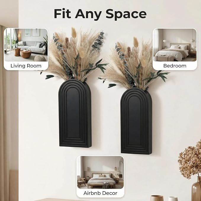 Set of 2 Wooden Wall Vases with Dried Pampas Grass & Eucalyptus, Boho Farmhouse Decor for Living Room, Entryway, Bathroom, Rustic Home Art(Black)
