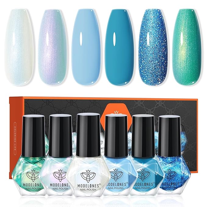 modelones Blue Nail Polish Set, 6 Colors Spring Summer White Green Glitter Pearl Mermaid Quick Dry Mini Starter Kit, Long Lasting Art DIY Manicure Set at Home for Women Girls