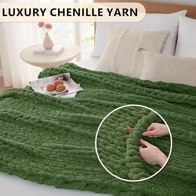 L'AGRATY Chunky Knit Throw Blanket for Couch, 60 x 80 Inches, Moss Green | Handmade Chenille Crochet Blanket for Sofa Bed, Thick Cable Knitted Blankets for Room Home Decor, Birthday Gift for Women Mom