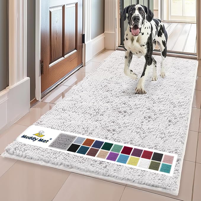 Muddy Mat® | Super Water Absorbent Door Mat Indoor, Microfiber Quick Dry Chenille Entryway Rug, Slip Resistant Front Door Mat, Indoor Mats for Entryway, Machine Washable Pet Rug, White 24" x 96"