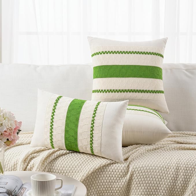 Fancy Homi Set of 2 Boho Lime Green Lumbar Decorative Throw Pillow Cover 12x20 Inch for Couch Bed Sofa Chair, Modern Organic Farmhouse Home Decor, Soft Cotton Cute Accent Rectangle Cushion Case