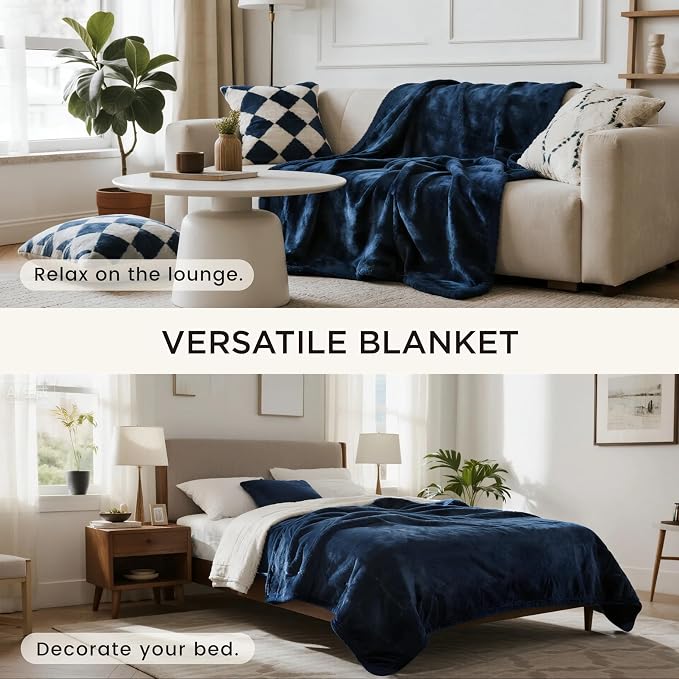 gogobunny Waterproof Bed Blanket, Reversible Sherpa Fleece Throw Blanket for Dog Puppy Cat, Furniture Cover Protects Bed Couch Sofa from Liquid Pee and Pet Fur (Navy Blue, 50x60 inches)