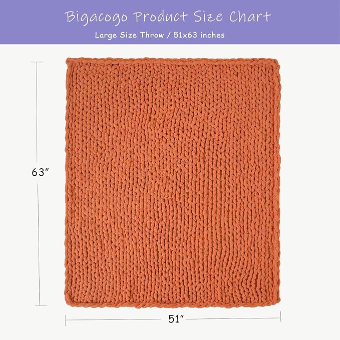 Bigacogo Chunky Knit Throw Blanket for Couch, 51x63 inches, Terracotta | Hand Knit with Jumbo Chenille, Soft Breathable Cable Knit for Sofa Bed Living Room, Machine Washable, Gift for Mom Friend