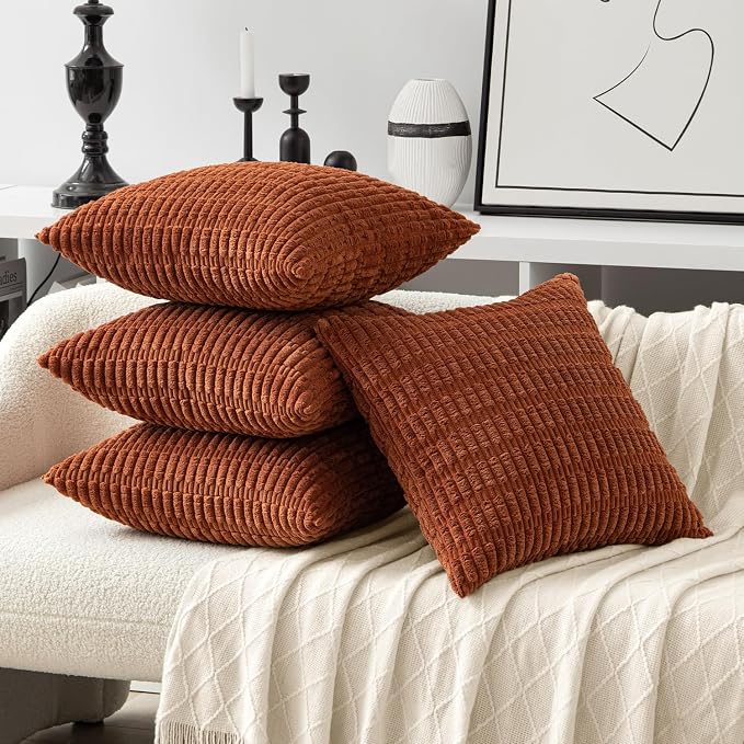 MIULEE Pack of 4 Fall Dark Rust Corduroy Decorative Throw Pillow Covers 18x18 Inch Soft Boho Striped Pillow Covers Modern Farmhouse Home Decor for Sofa Living Room Couch Bed | Neutral Rustic Farmhouse Boho Soft Striped Pillow Covers,Home Decor for Sofa...