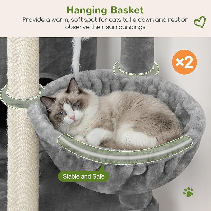 Globlazer Cat Tree Tower for Indoor Cats, Sturdy Adult Cat Tree House for Large Adult Cats with 2 Platform, 6 Cat Scratching Post, 2 Cat Caves, Dangling Toys, S63, 63 inch, Light Grey
