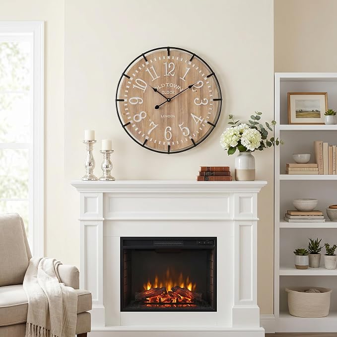 EMAX HOME 24 Inch Large Farmhouse Wall Clock - Rustic Antique Wood, Silent Battery Operated Clock for Office Kitchen Bedroom Living Room