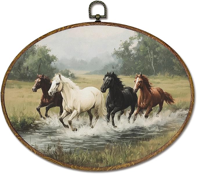 LKETW Vintage Horse Oval Wall Art Decor, Rustic Farmhouse Equestrian Oval Canvas Hanging Decor, Wild Horse Running Wall Decorations for Home Bedroom Living Room, 11.4x8.6 Inch