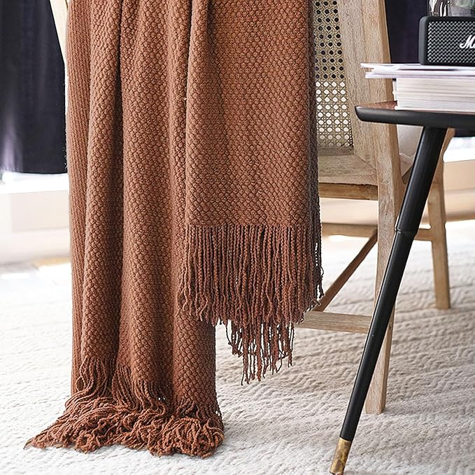 LOMAO Knitted Throw Blanket with Tassels Bubble Textured Lightweight Throws for Couch Cover Home Decor (Caramel, 60x90)