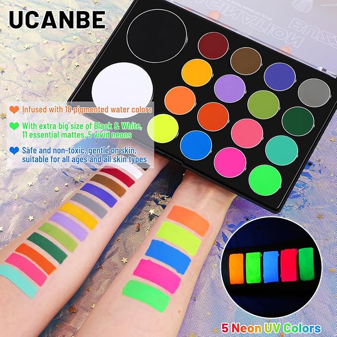 UCANBE Face Body Paint 18 Colors, Water Based Face Painting Kit with Large White Black & Neon Glow UV Facepaint SFX Makeup Palette for Halloween Party Costume Cosplay & Stage Make Up
