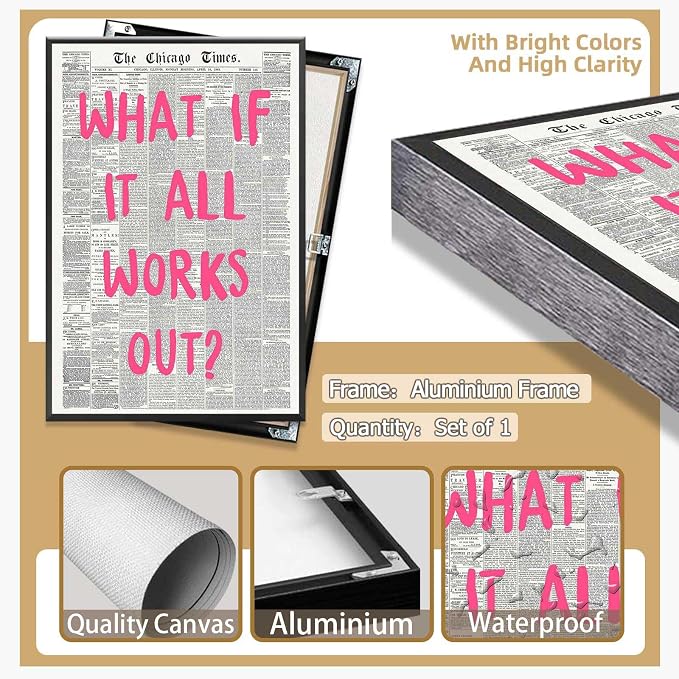 What If It All Works Out Poster Retro Newspaper Pink Font Canvas Wall Art Positive Affirming Quote Minimalist Prints Painting For Home Bedroom Dorm Wall Decor 24x36in Framed