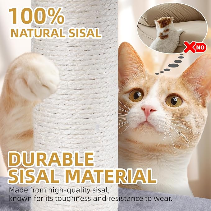 Three Layer Cat Tree with Cat Condo Scratch Pad and Two Hammocks,Grey | 3-Tier Cat Tree,Natural Sisal,Replaceable Hanging Balls,Sturdy Cat Furniture for Kitten&Adult Cat