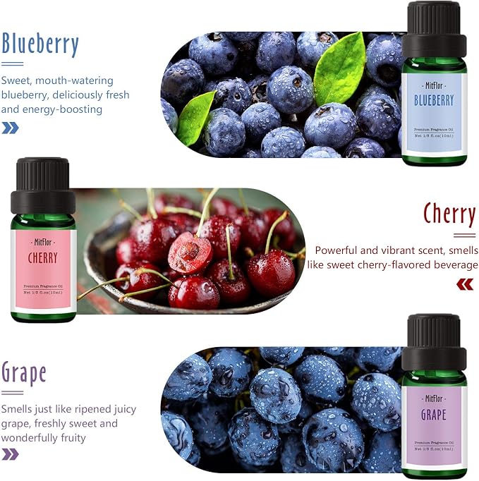 Fragrance Oil, MitFlor Fruit Essential Oils for Diffusers for Home, 6x10ml, Soap & Candle Making Scents, Summer Diffuser Oils, Peach, Cherry, Watermelon, Blueberry, Grape, Melon