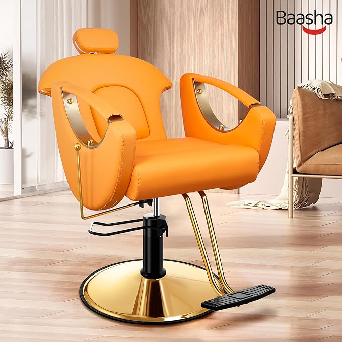 Baasha Gold Styling Ergonomic Reclining Hair Salon Chair, Orange, 360 Degree Swivel, Heavy Duty, Removable Headrest