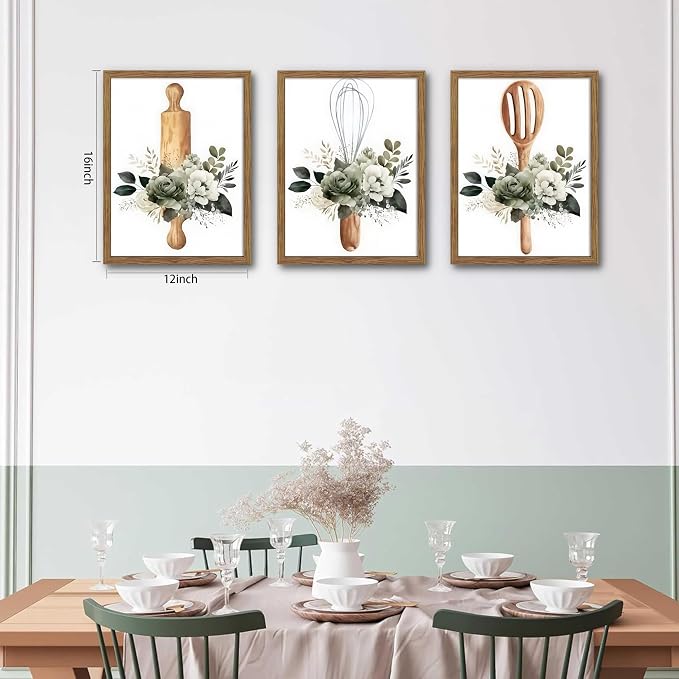 Modern Kitchen Canvas Wall Art Set of 3 – Framed Minimalist Floral Plant Wall Decor, Flowers Kitchen Utensil Posters Prints for Kitchen Dining Room Home Decor – 12x16in