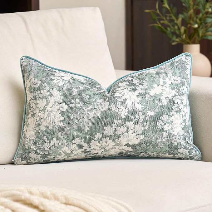 Alerfa Light Blue Neutral Floral Pillow Cover 12 x 20 Inch, Vintage Chenille Rectangle Couch Pillow Cover Soft Decorative Farmhouse Accent Pillowcase for Living Room Bedroom