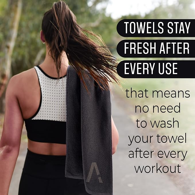 Black Organic Cotton Gym Towel for Men and Women - Silver Infused Sweat Towel, 500 GSM, 31.5"x15.75" - Soft Absorbent Workout Towel for Gym Yoga Sports, Exercise Towel
