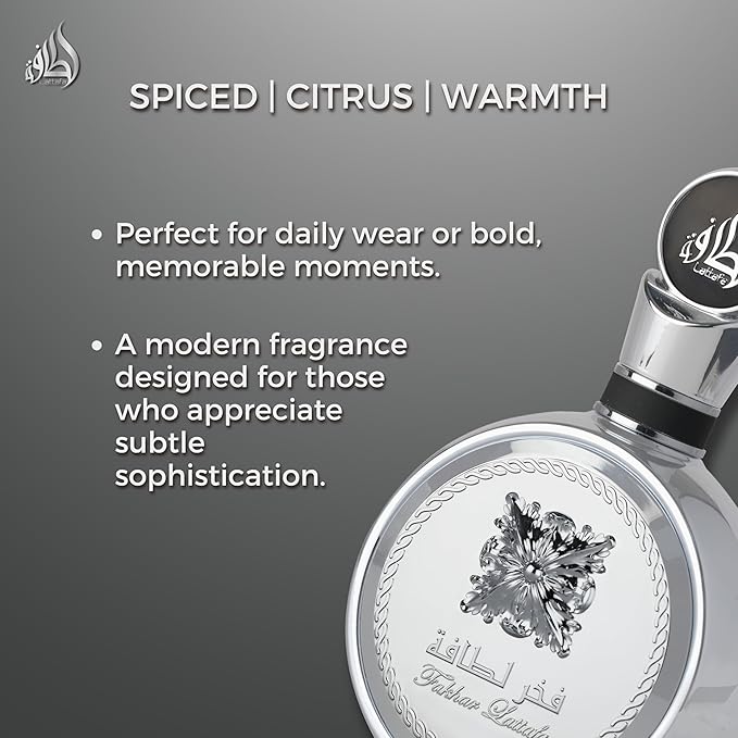 Lattafa Fakhar Platin – Citrus, Spicy, Aromatic, Woody – Eau de Parfum Spray Long-Lasting Fragrance for Unisex, 3.4 Ounce / 100 ml