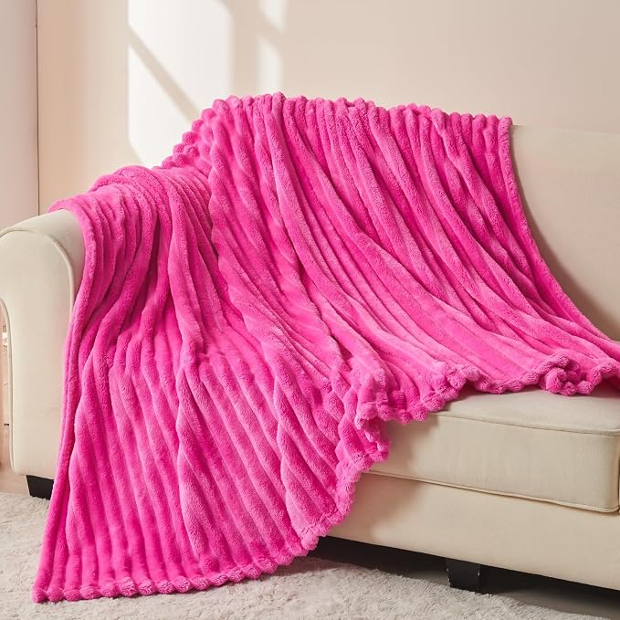 NEWCOSPLAY Fleece Ribbed Cozy Twin Blanket for Couch, Hot Pink, 60"x80" | Premium Silky Flannel Blanket, Soft Lightweight Fluffy Throw Blanket for Bed Sofa Decor, Gift for All Season Use