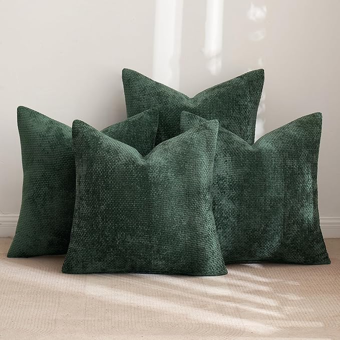 MIULEE Decorative Chenille Pillow Covers Christmas Green 18x18 Pack of 4 | Christmas Home Decor, All Same Green Color Set, Couch Throw Pillows, Farmhouse Boho Cushion Covers for Sofa Bed Living Room